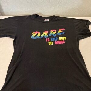 80s D.A.R.E. T-Shirt Size Large Neon‎ Rainbow Dare USA Vintage Hanes Cotton/Poly